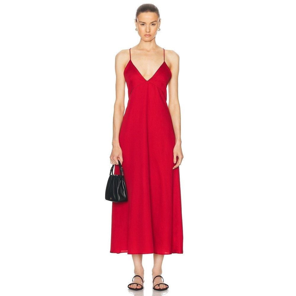 New LESET Yoko V Midi Dress in Red maxi spaghetti strap flowy summer pockets